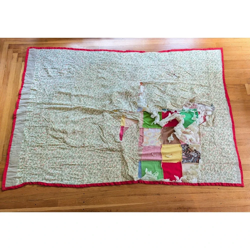Vintage Handmade Patchwork Quilt Multi Color Block Repurpose Cutter 84x58 Cotton